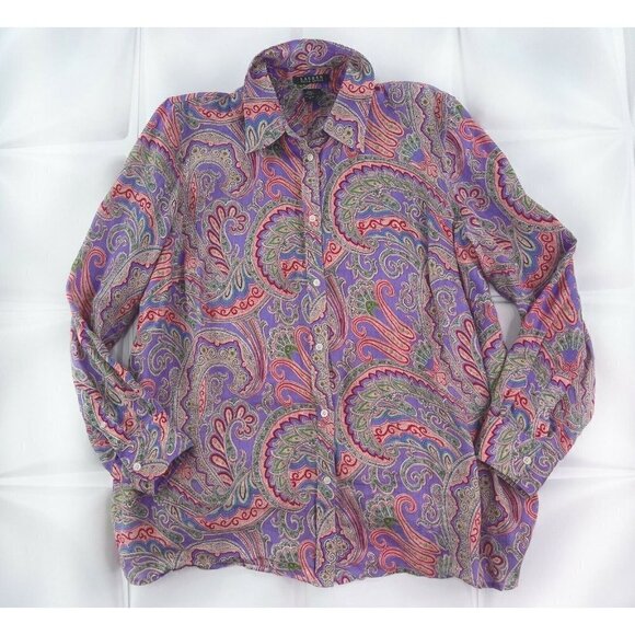 Lauren Ralph Lauren Womens Sz 1X Purple 100% Linen Paisley Print Button Up Shirt - Picture 2 of 4
